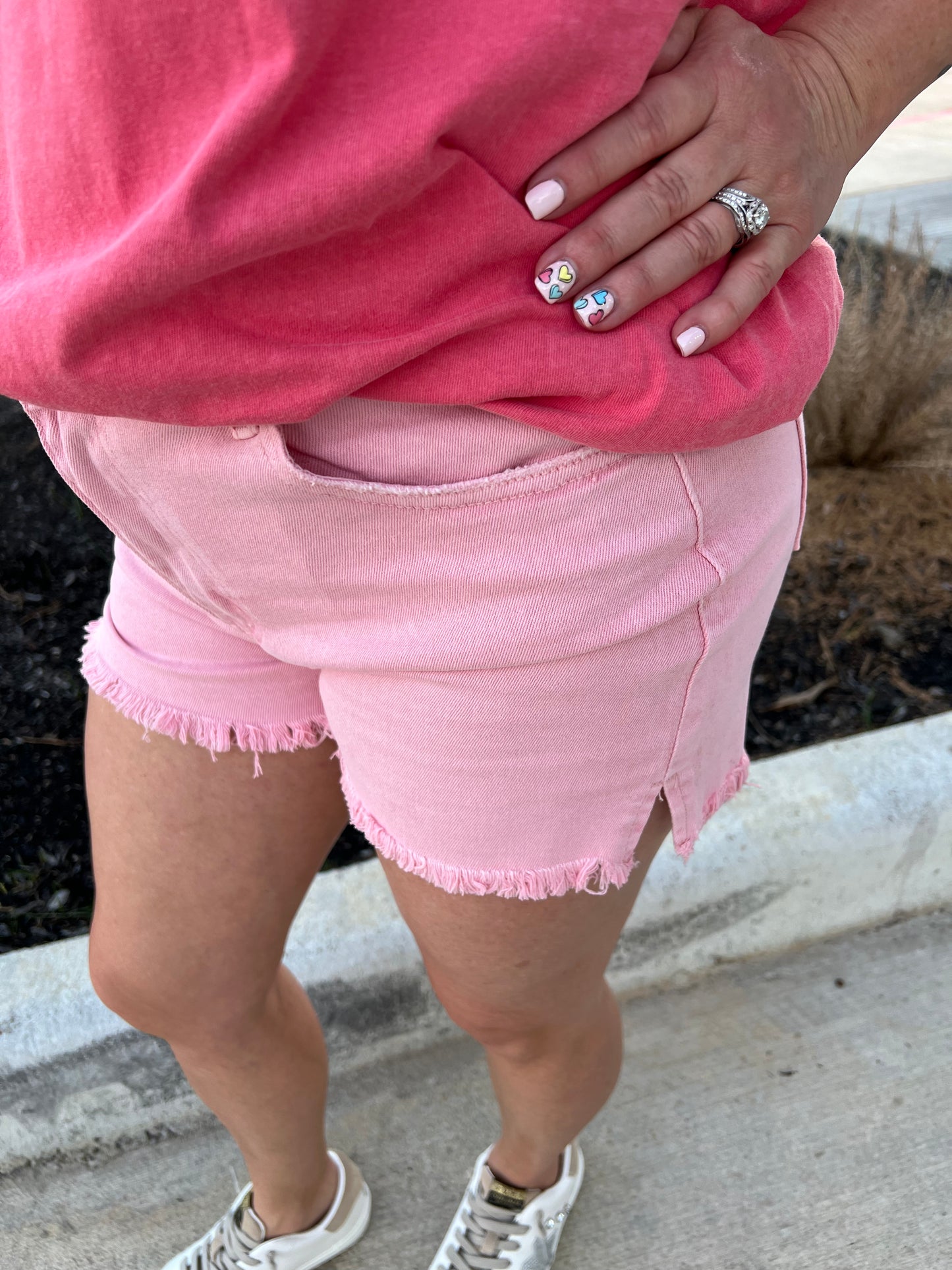 Pink Frayed Hem Shorts