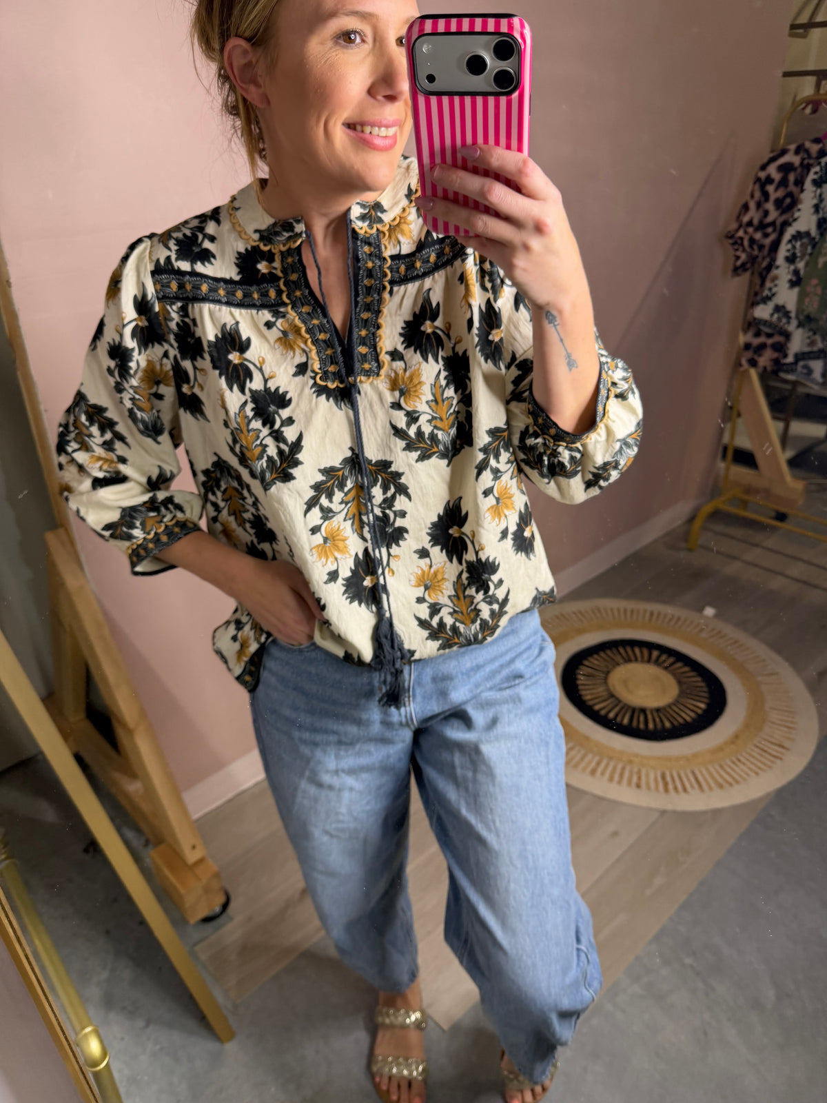 Black & Camel Floral Flowy Blouse