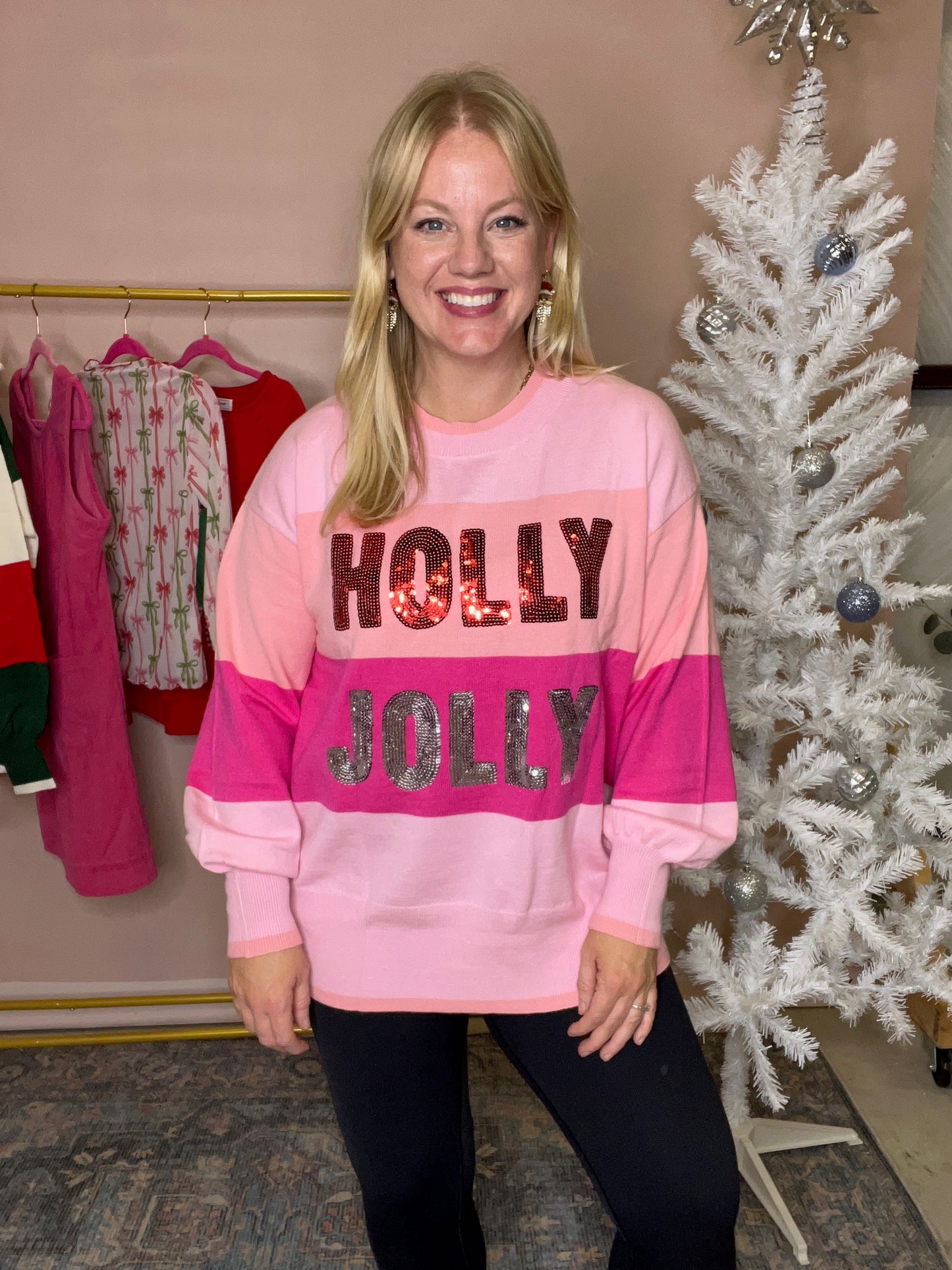 Holly Jolly Sequin Stripe Sweater – Pink Candy Cane