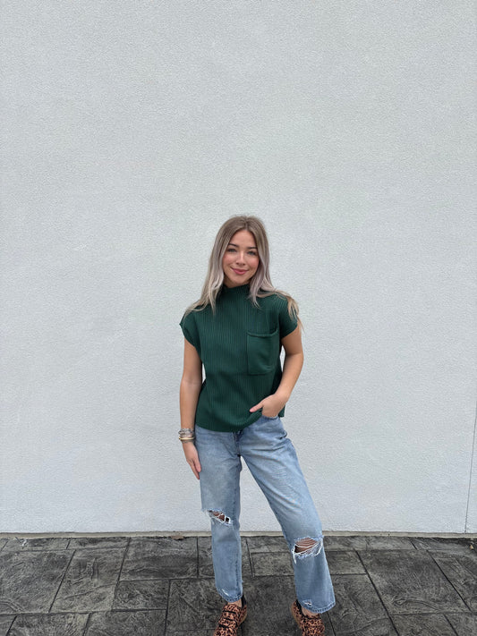 Evergreen Rib Pocket Mock Neck Top