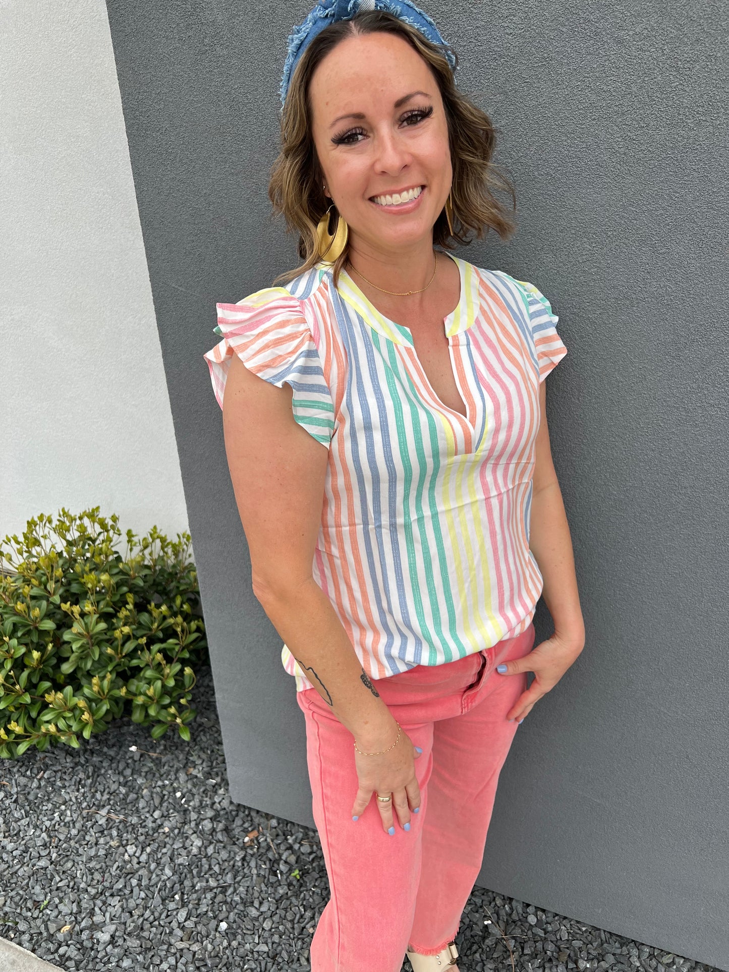 Pastel Striped Ruffle Sleeve Blouse