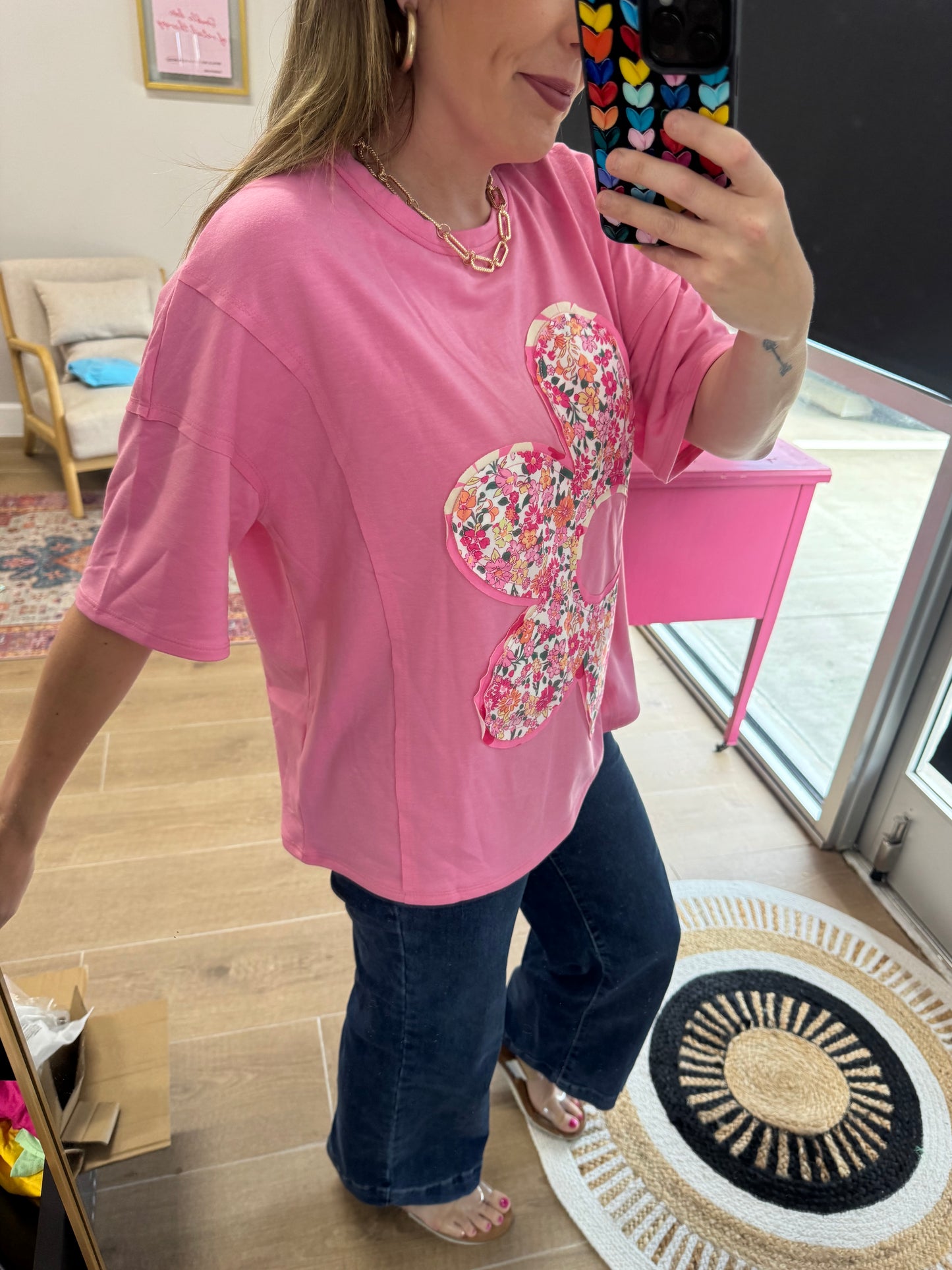 Pink Floral Appliqué Oversized Tee