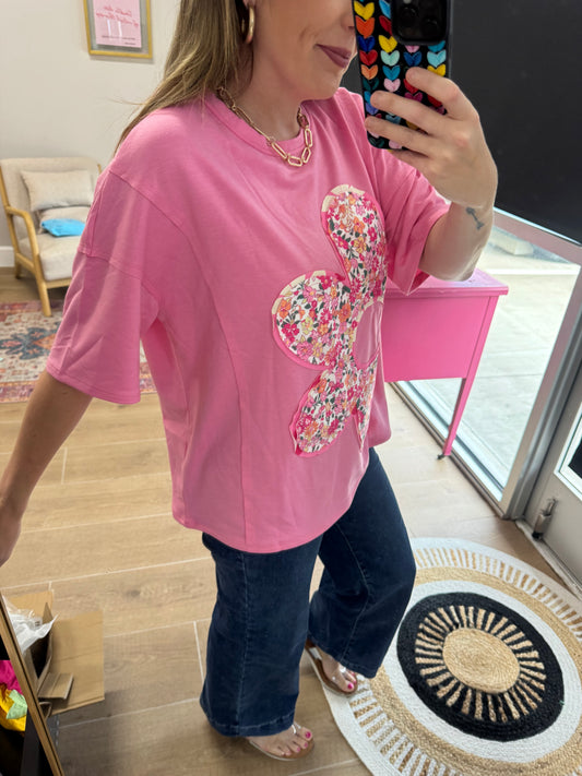 Pink Floral Appliqué Oversized Tee