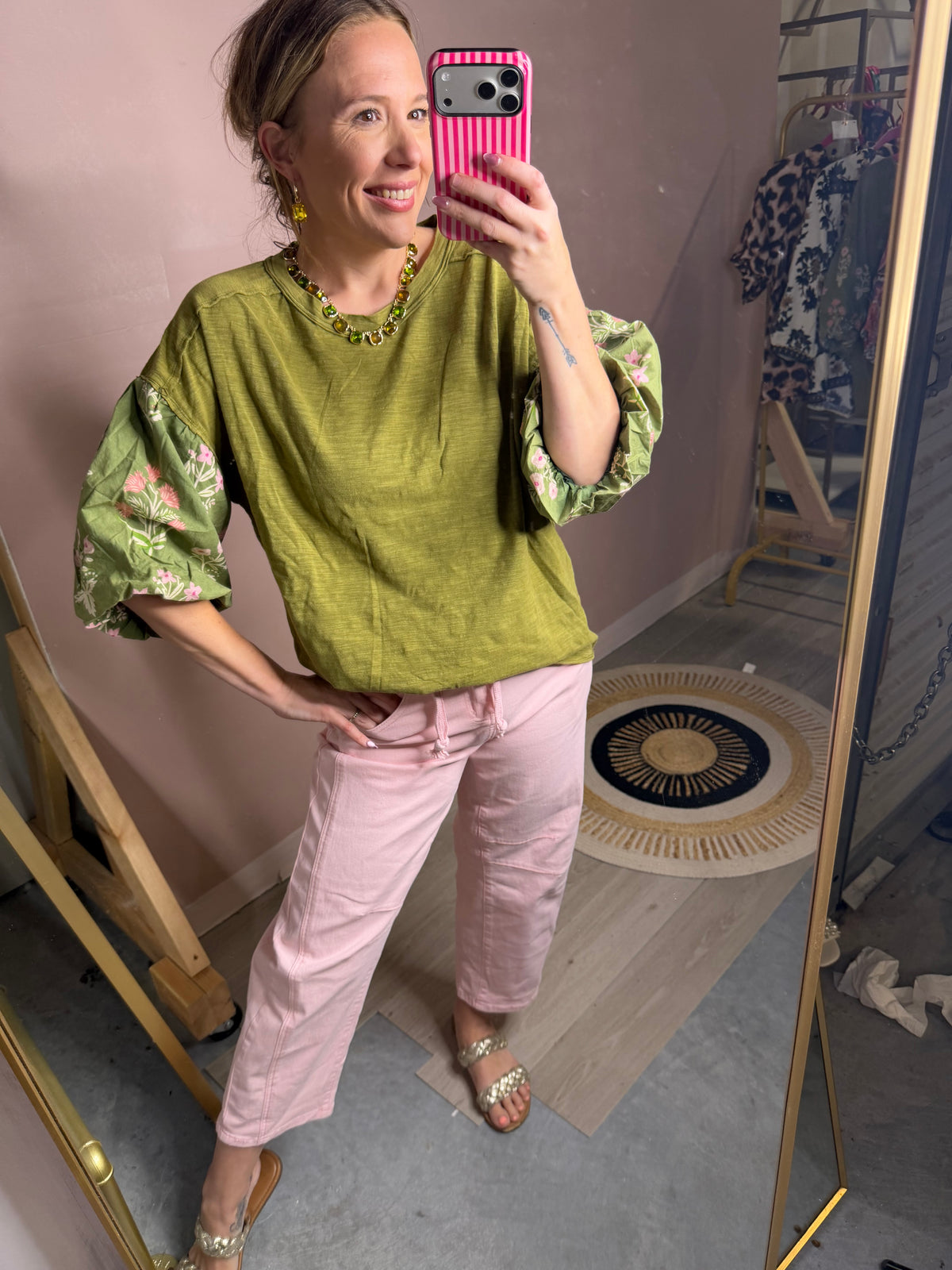 Green Floral Puff Sleeve Blouse