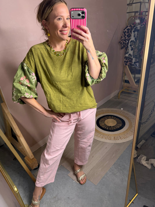 Green Floral Puff Sleeve Blouse