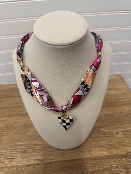 Pink Geo Satin Scarf Necklace – Checkered Heart Pendant