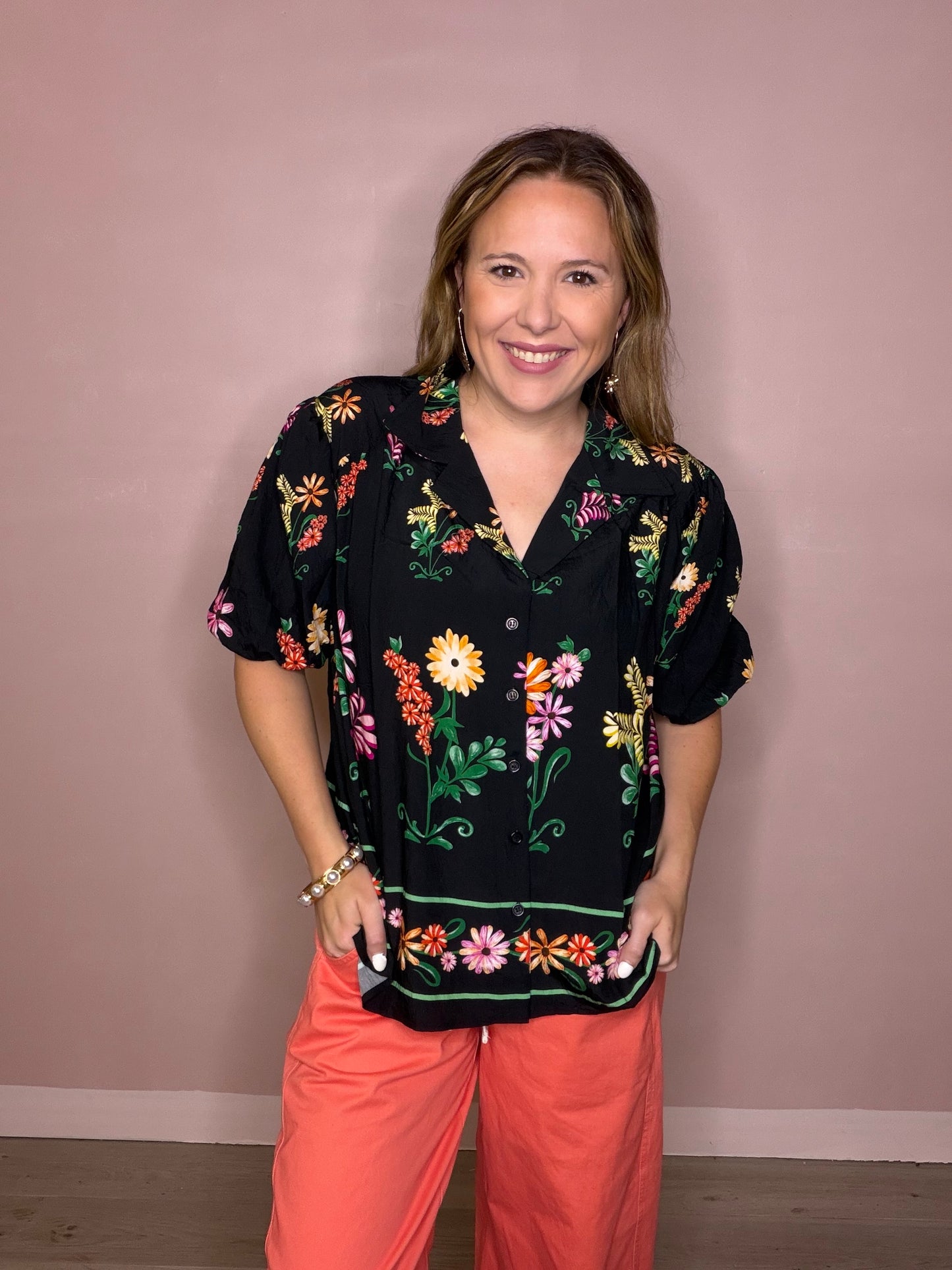 Black Floral Button Front Blouse