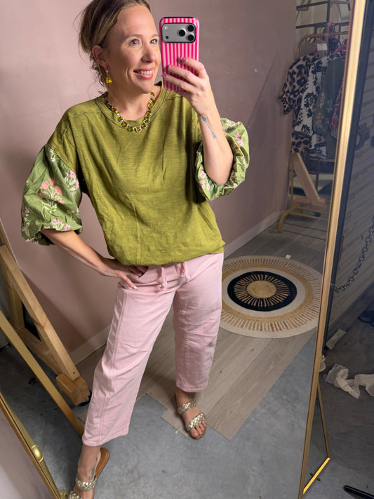 Green Floral Puff Sleeve Blouse