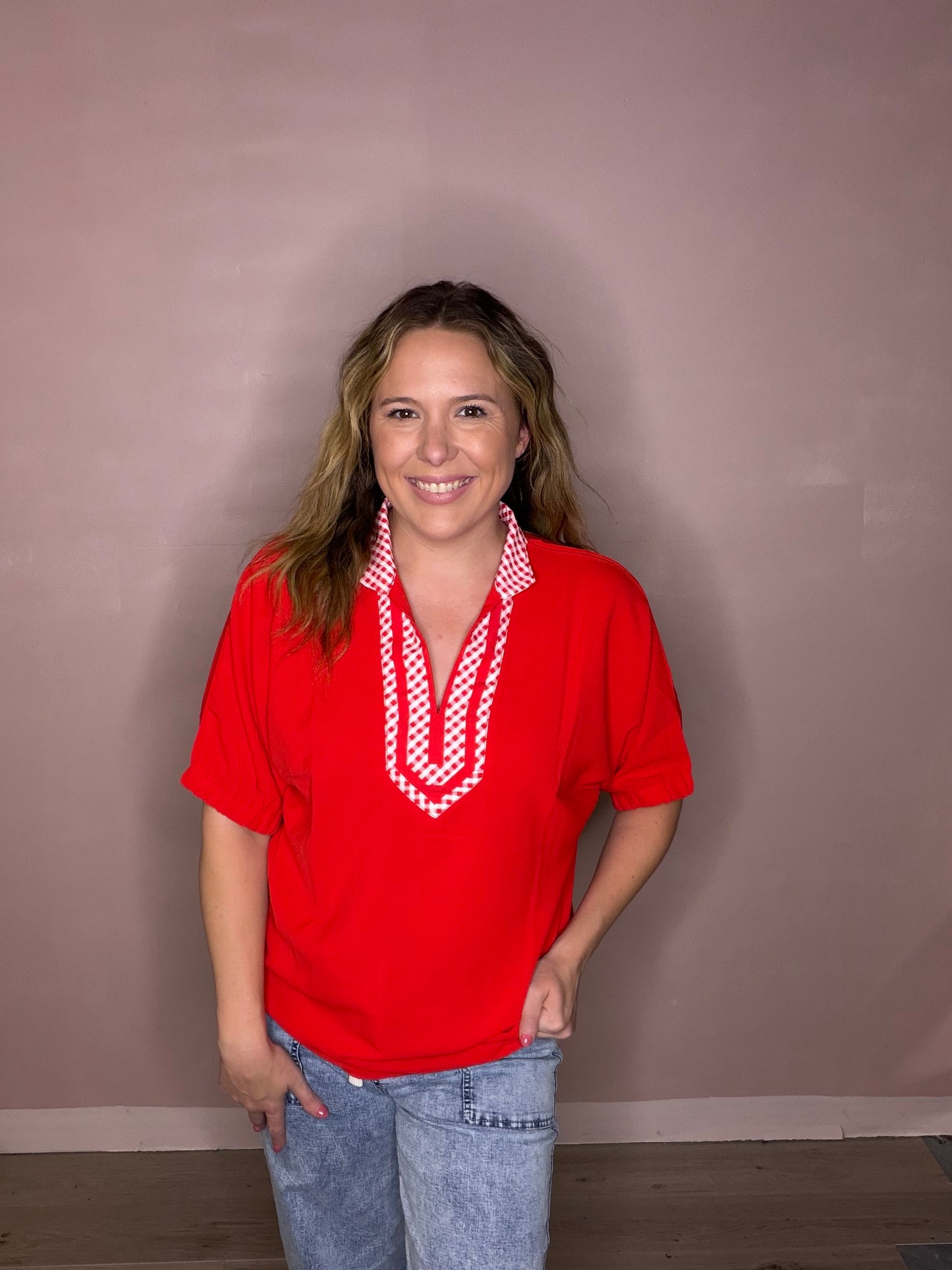 Women's Red Gingham Trim Flowy Blouse | Teacher & Game Day Top