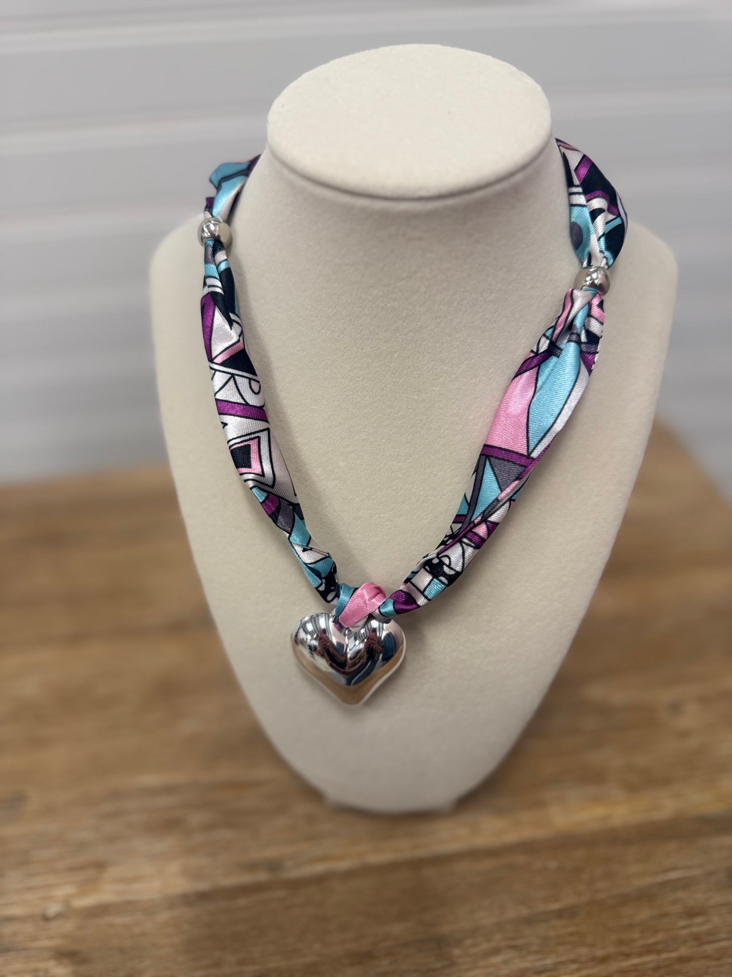 Teal & Lilac Geo Satin Necklace – Silver Puff Heart