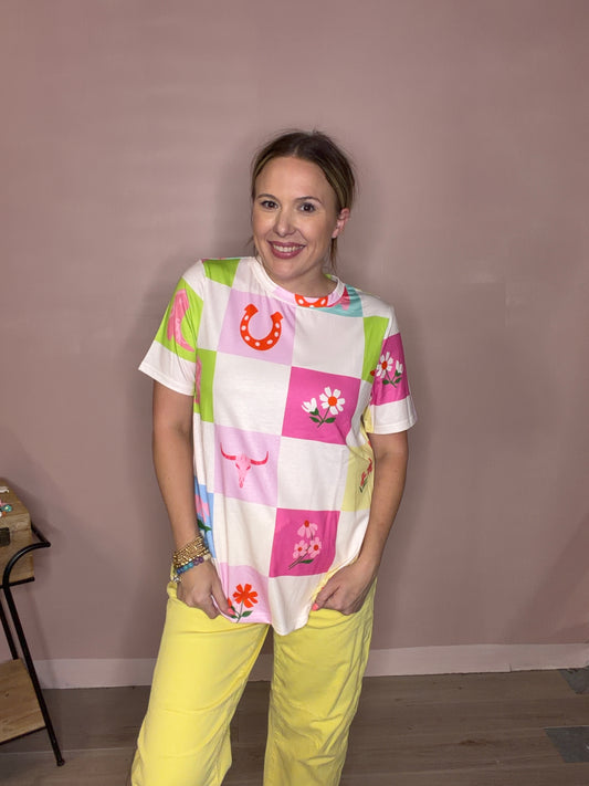 Colorful Western Patchwork Checkerboard Graphic Tee