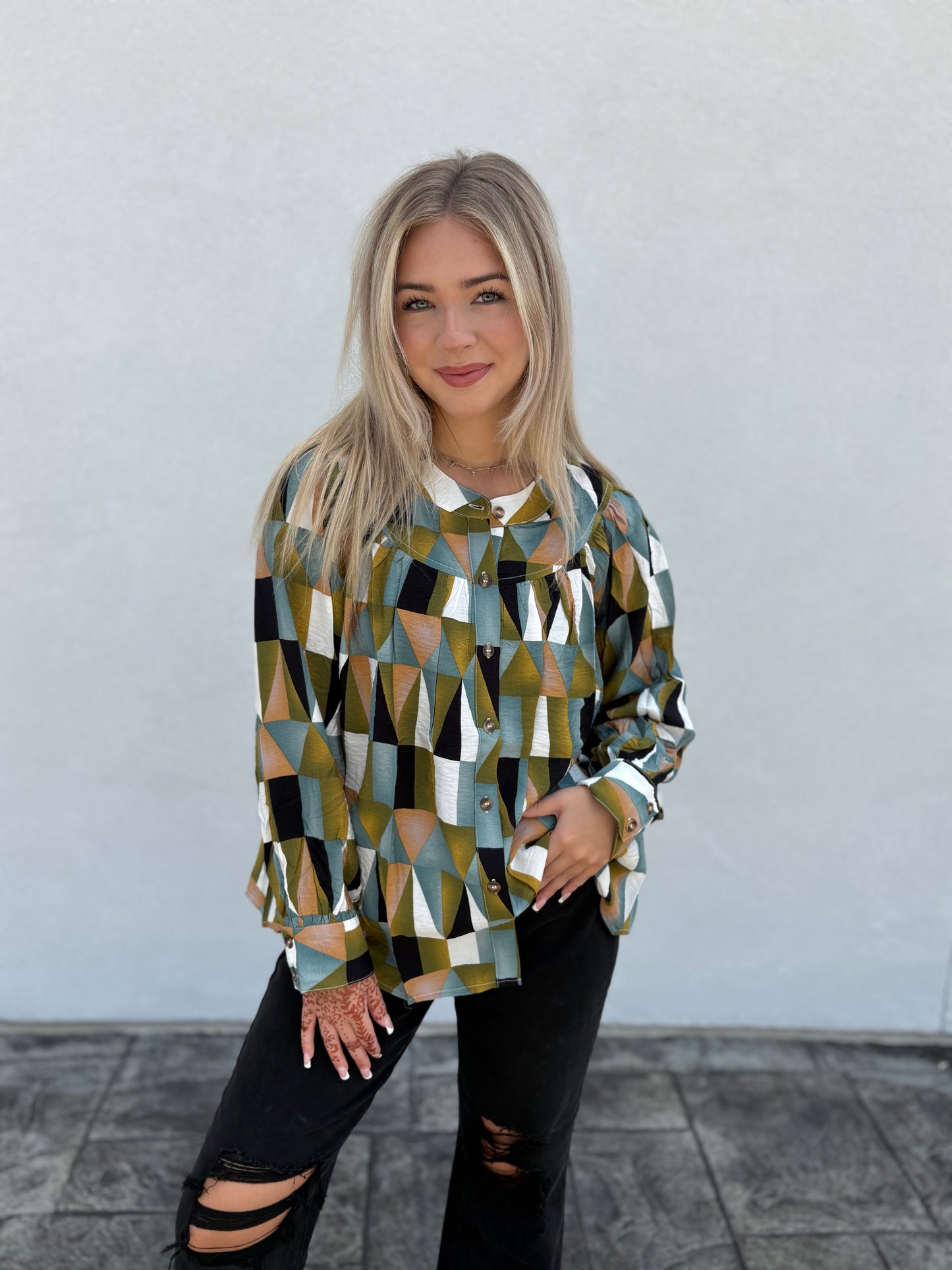 Geometric Balloon Sleeve Blouse