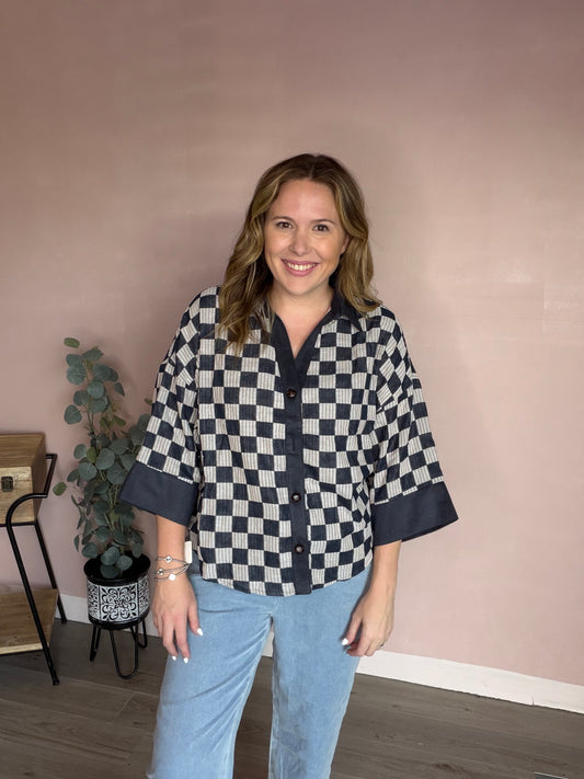 Navy and Gray Checkered Button Front Blouse