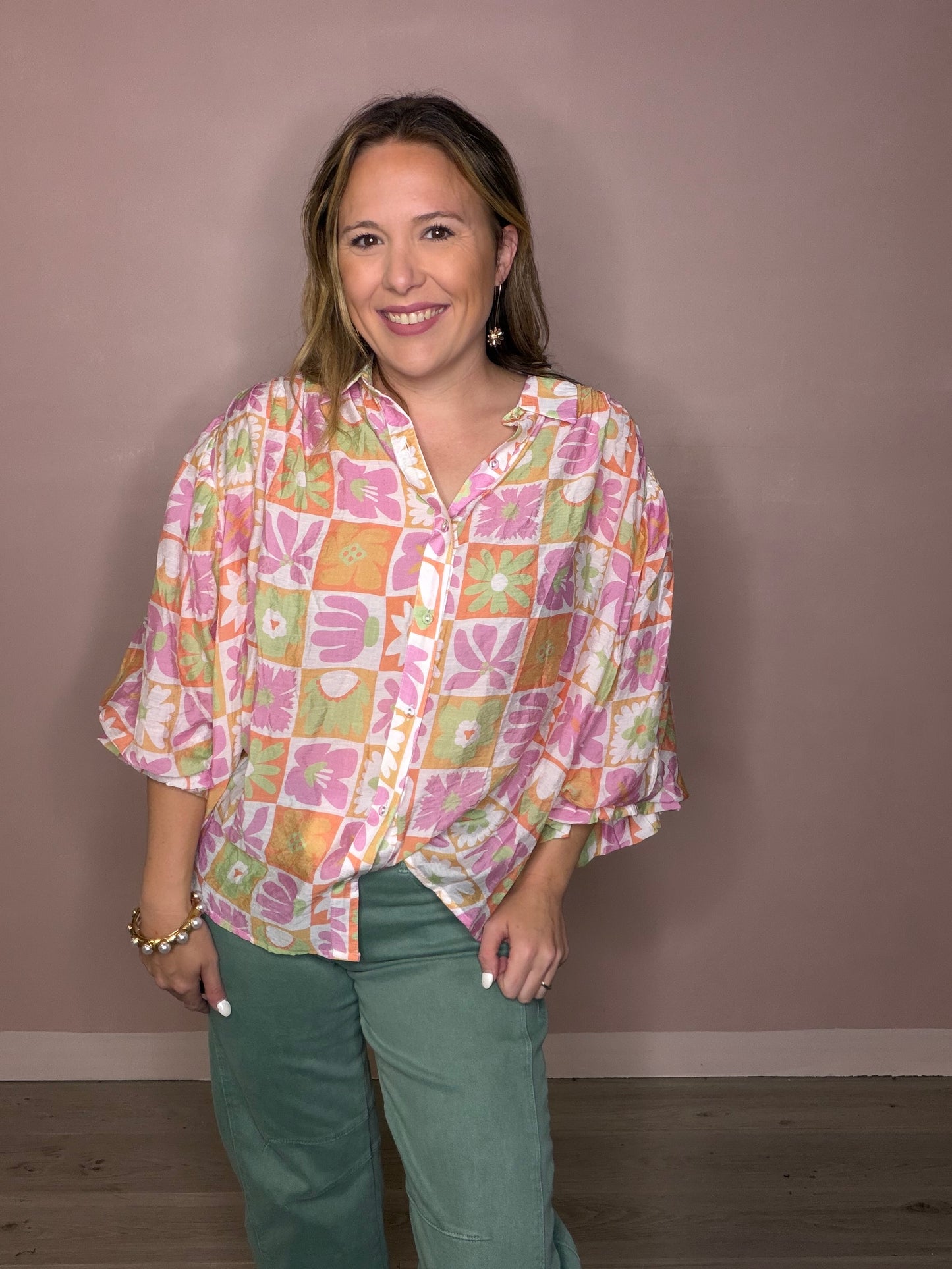 Oversized Floral Flowy Button Front Blouse