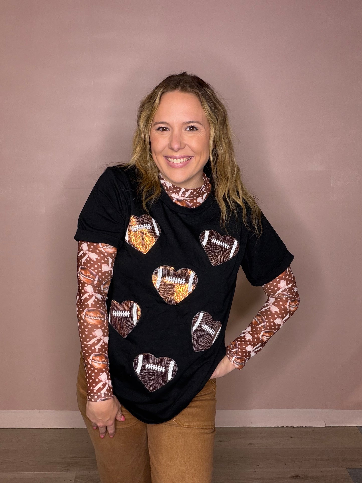 Women's Sequin Football Heart Graphic Tee
