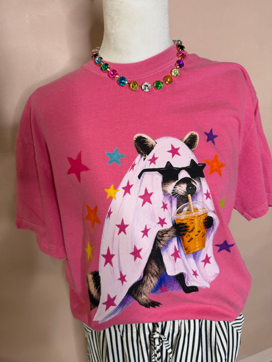 Pink Raccoon Ghost Halloween Graphic Tee