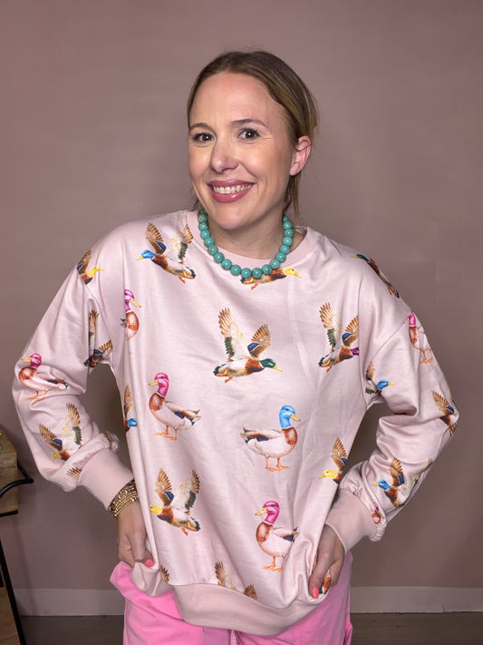 Pink Duck Print Lightweight Crewneck Sweatshirt