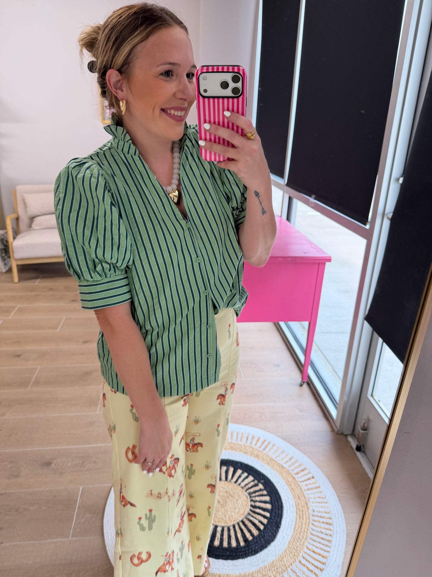 Green Striped Puff Sleeve Button-Down Blouse