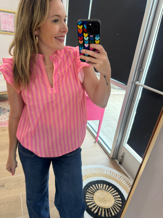 Pink Striped Ruffle Sleeve Top