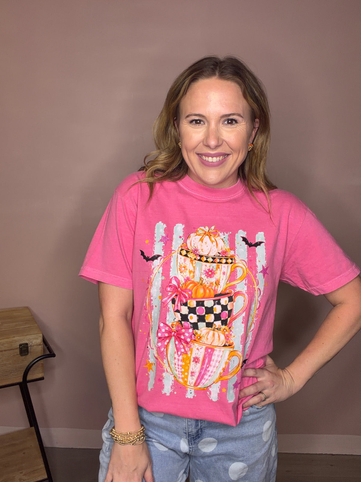 Pink Pumpkin Tea Cups Halloween Comfort Colors Tee