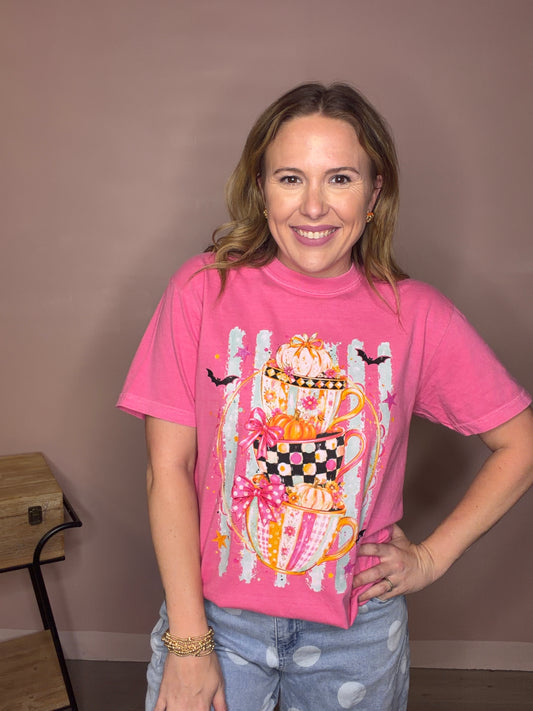 Pink Pumpkin Tea Cups Halloween Comfort Colors Tee