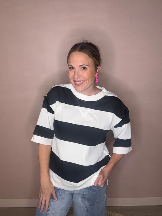 Black and White Striped Raw Hem Top