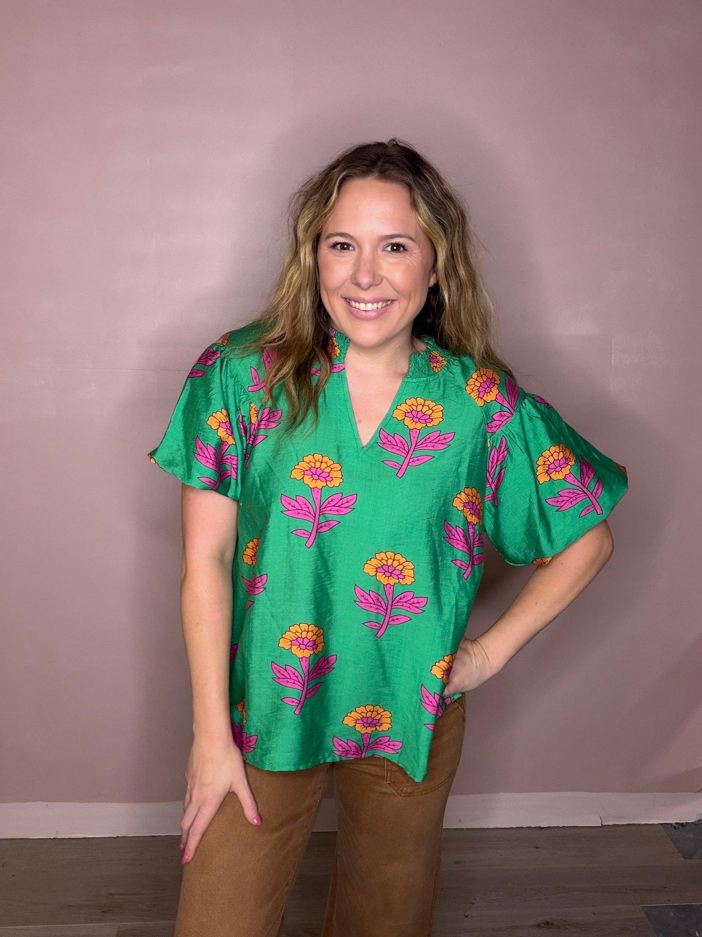 Green Flowy Floral Oversized Top