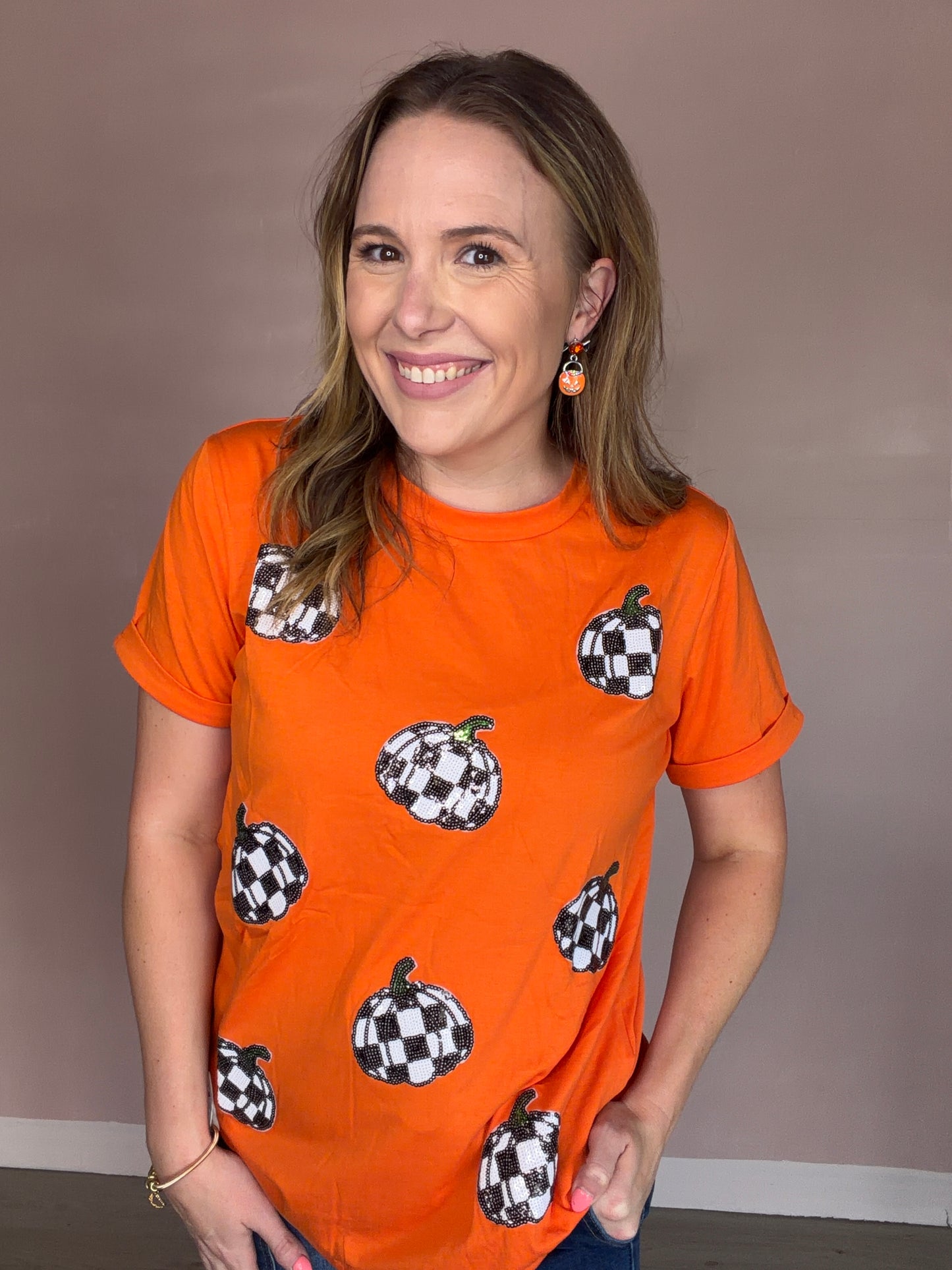 Orange Sequin Checkered Pumpkin Tee