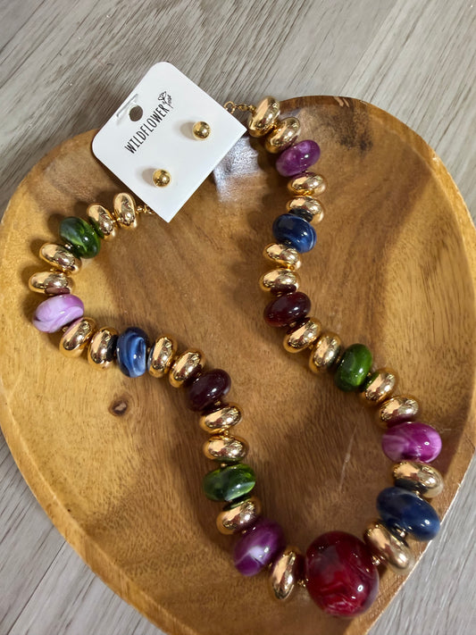 Multicolor Stone and Gold Statement Necklace