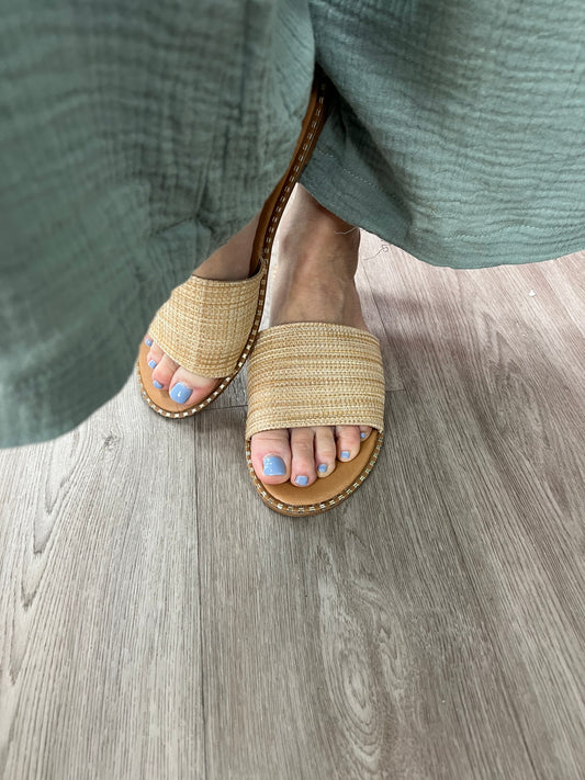 Raffia Leather Style Slip On Sandals