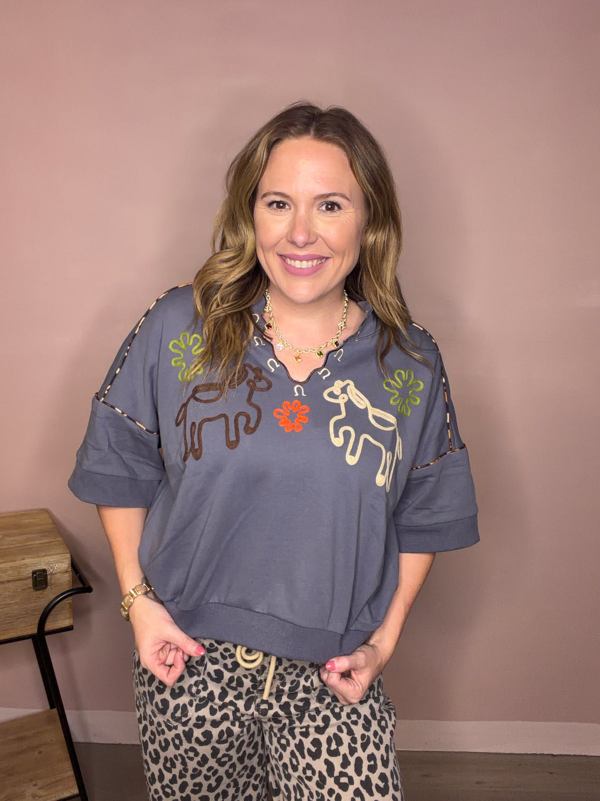 Embroidered Western Horse Oversized Top