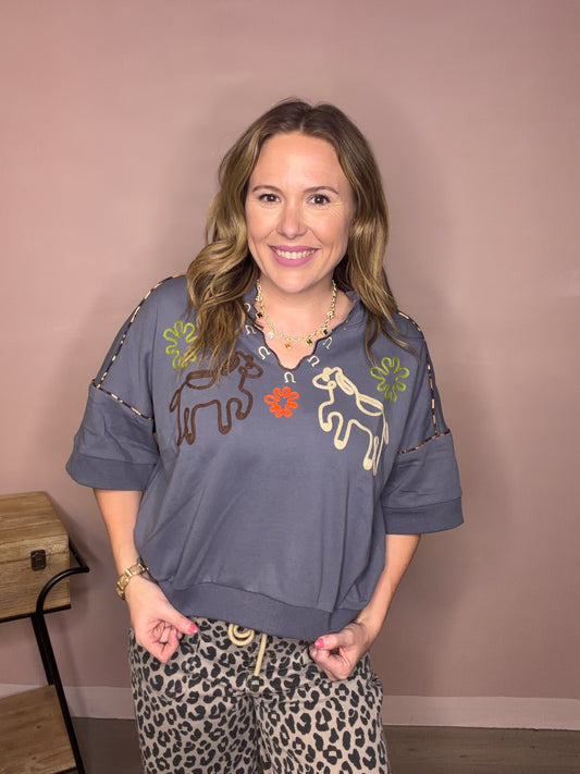 Embroidered Western Horse Oversized Top