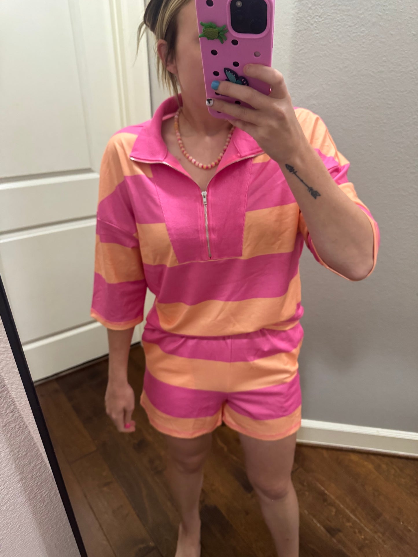 Pink & Peach Striped Half Zip Short Set