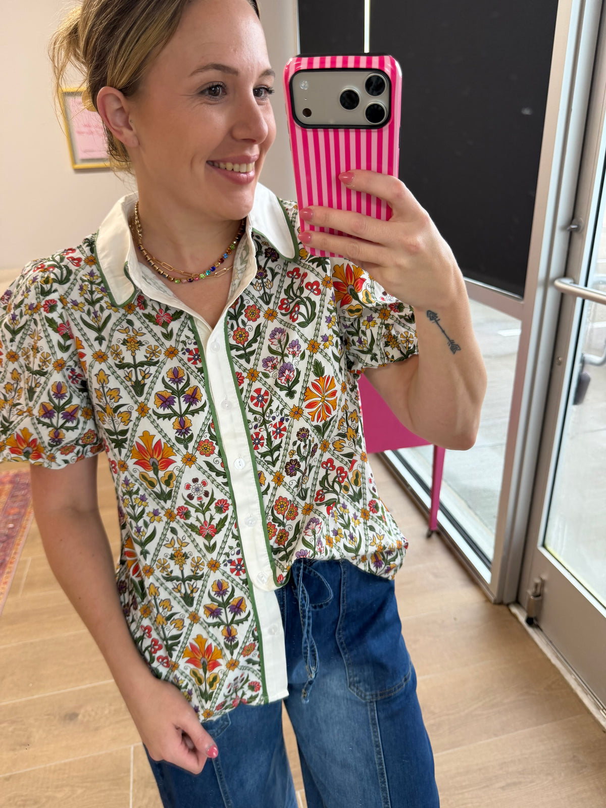 Green Collared Floral Button Front Top