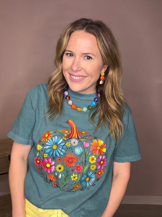 Colorful Floral Pumpkin Comfort Colors Graphic Tee