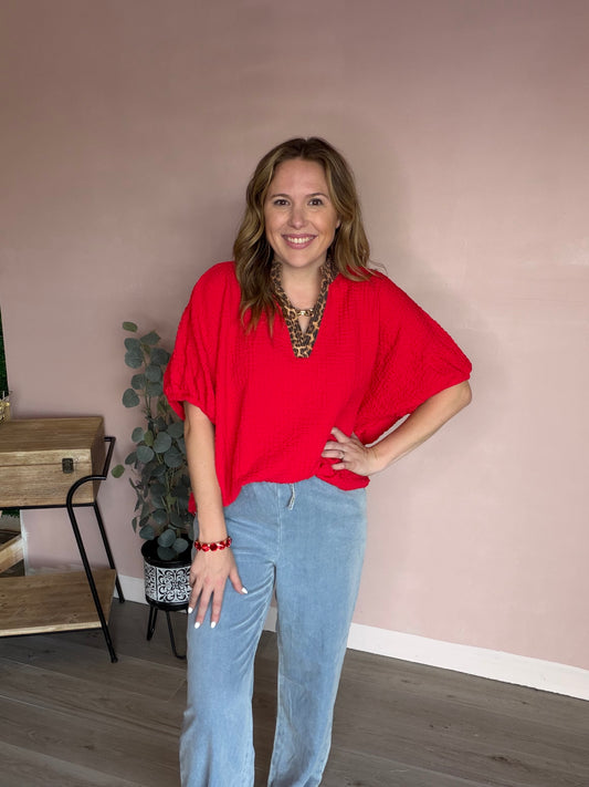 Cougar Red Leopard Trim Oversized Blouse