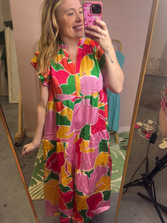 Green & Pink Floral Tiered Dress