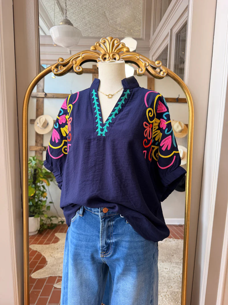 Navy Embroidered Blouse
