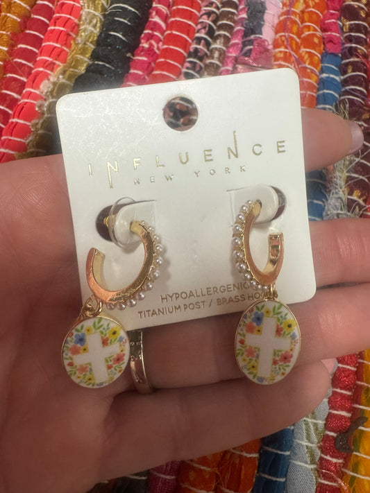 Spring Blessings Floral Cross Huggie Earrings