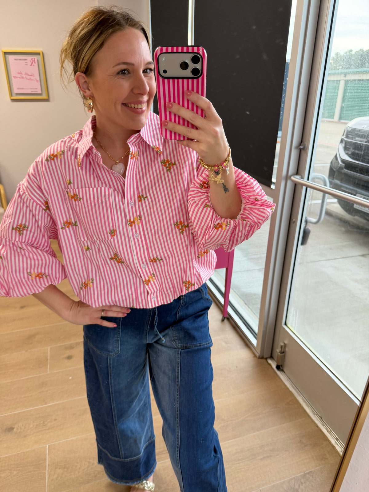 Pink Stripe Embroidered Floral Bubble Sleeve Blouse