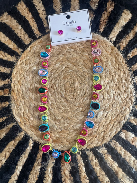 Colorful Jewel Necklace and Pink Stud Earrings Set