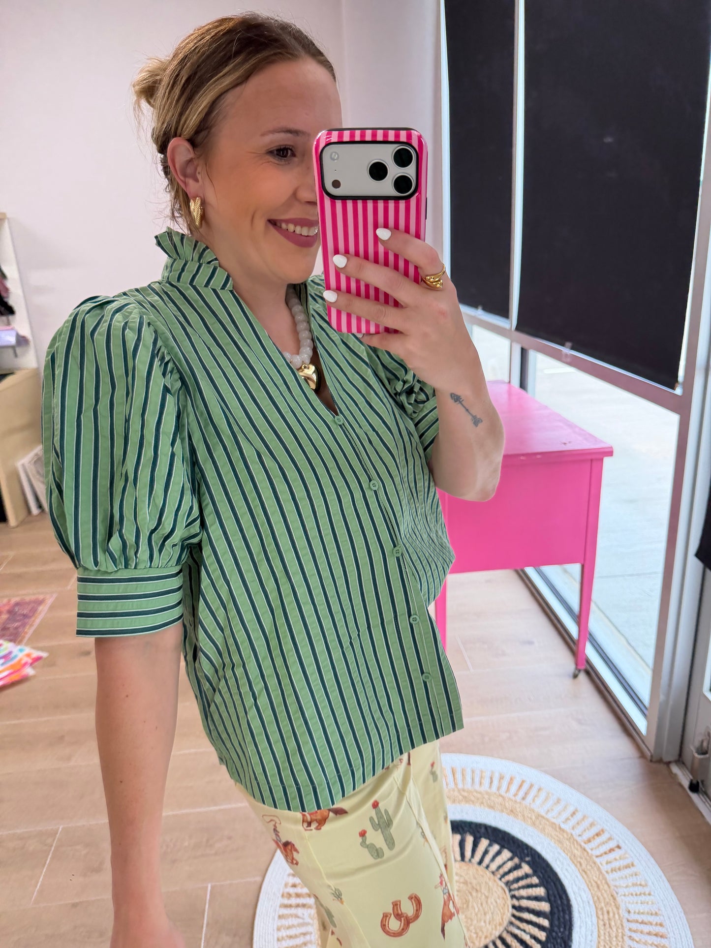 Green Striped Puff Sleeve Button-Down Blouse