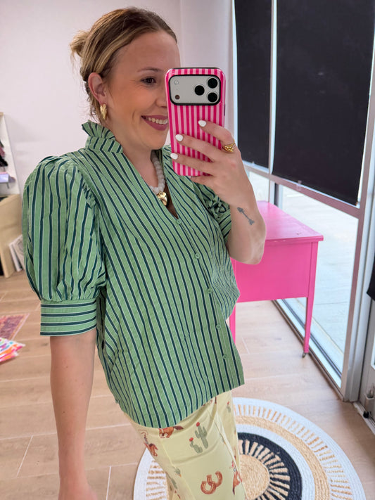 Green Striped Puff Sleeve Button-Down Blouse