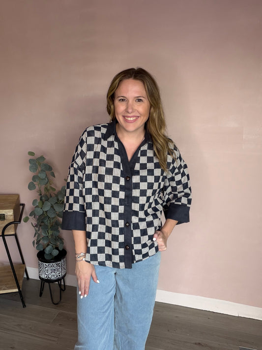 Navy and Gray Checkered Button Front Blouse
