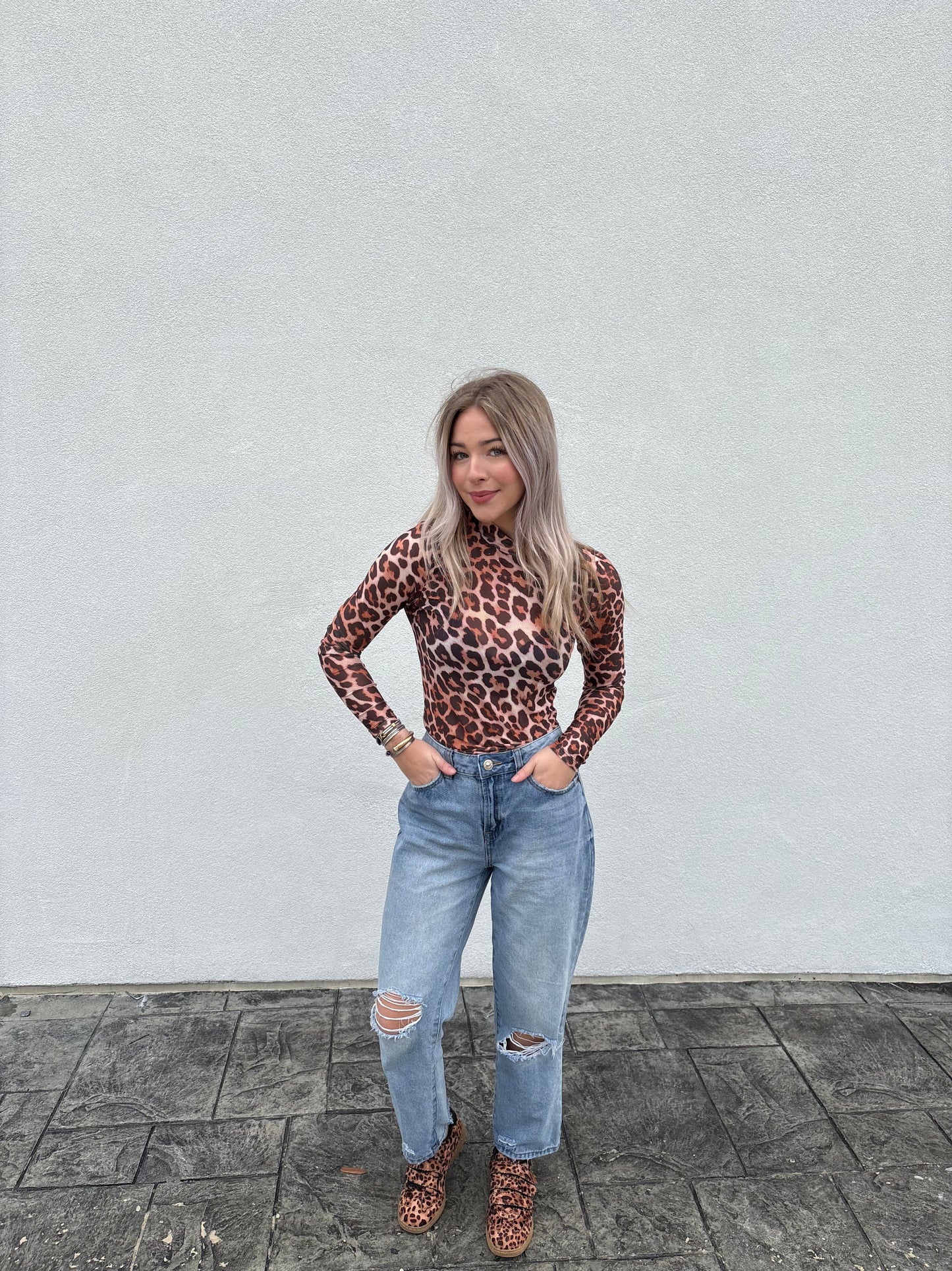 Wild Side Leopard Mesh Mock Neck Top