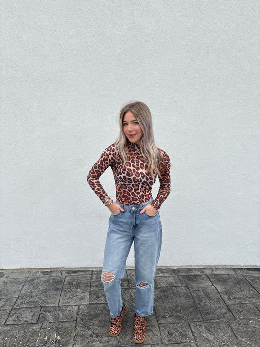 Wild Side Leopard Mesh Mock Neck Top