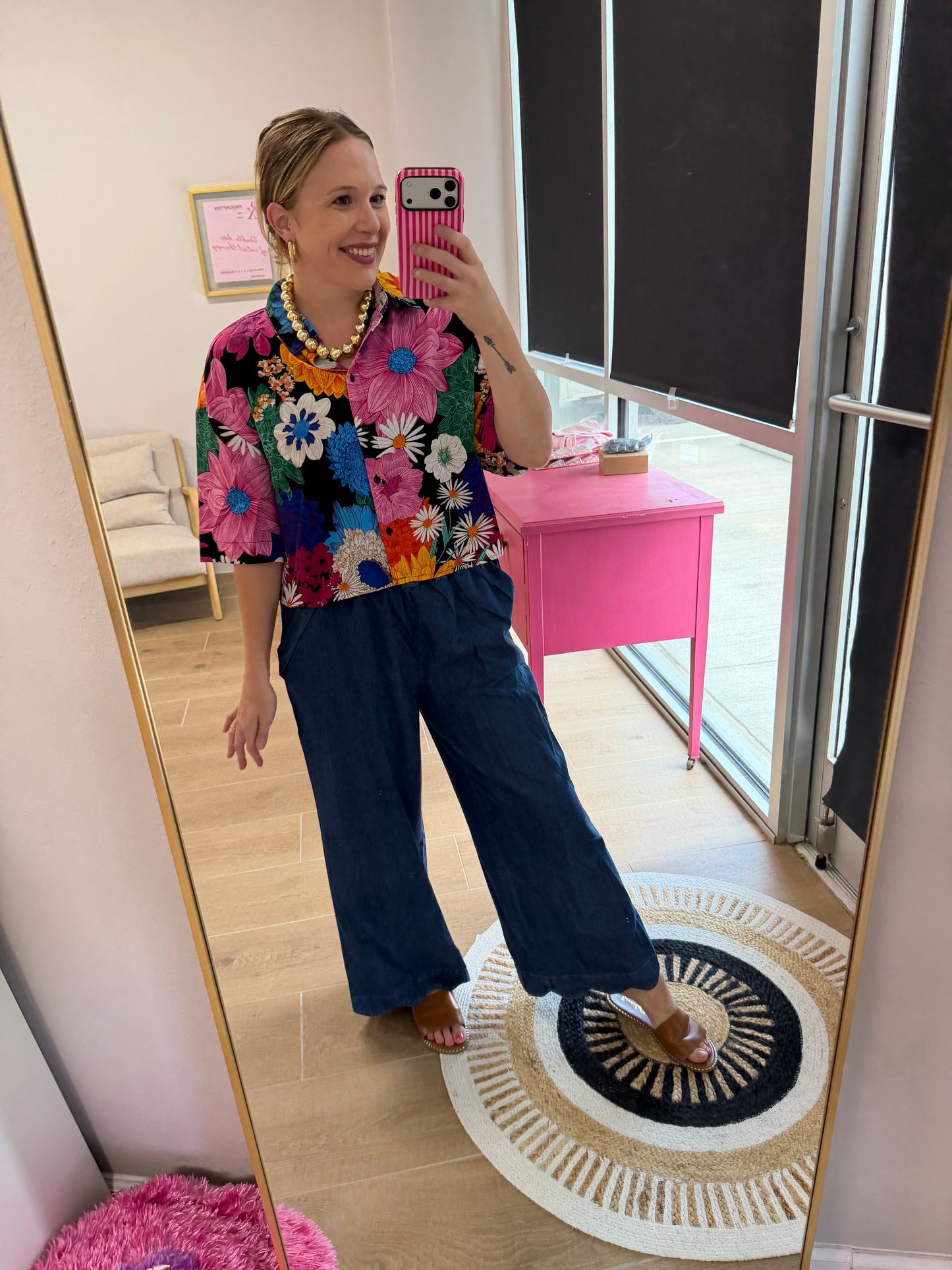 Cropped Button Front Floral Blouse