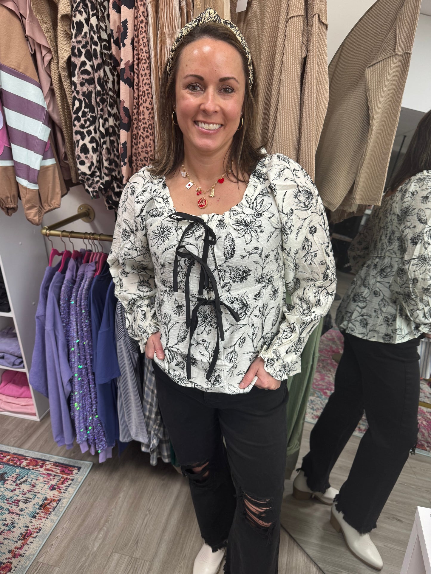 Black and White Floral Bow Blouse