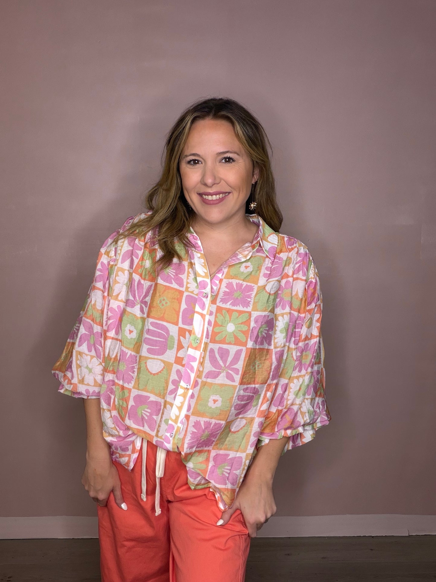 Oversized Floral Flowy Button Front Blouse