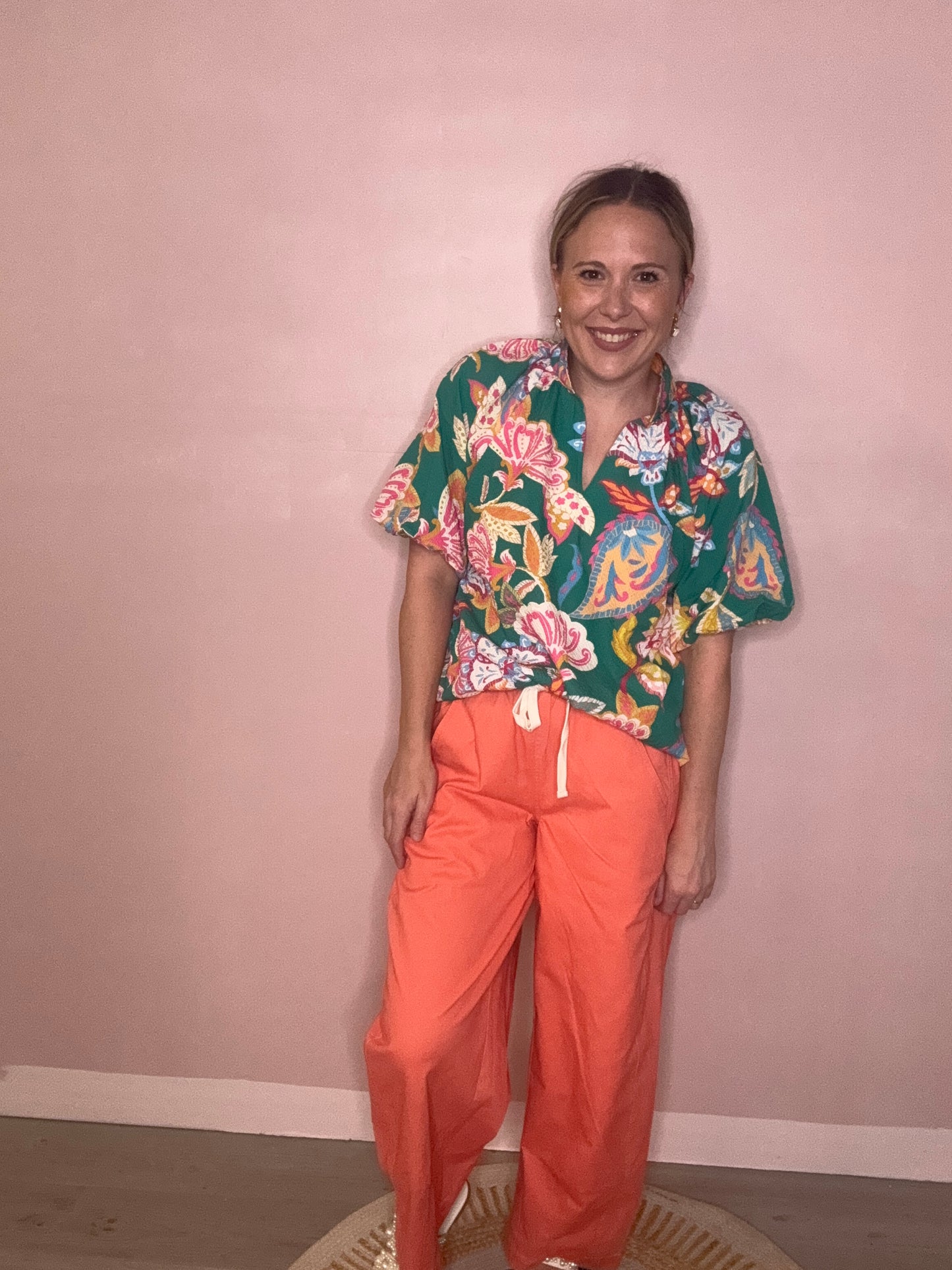 Coral Drawstring Wide Leg Pants